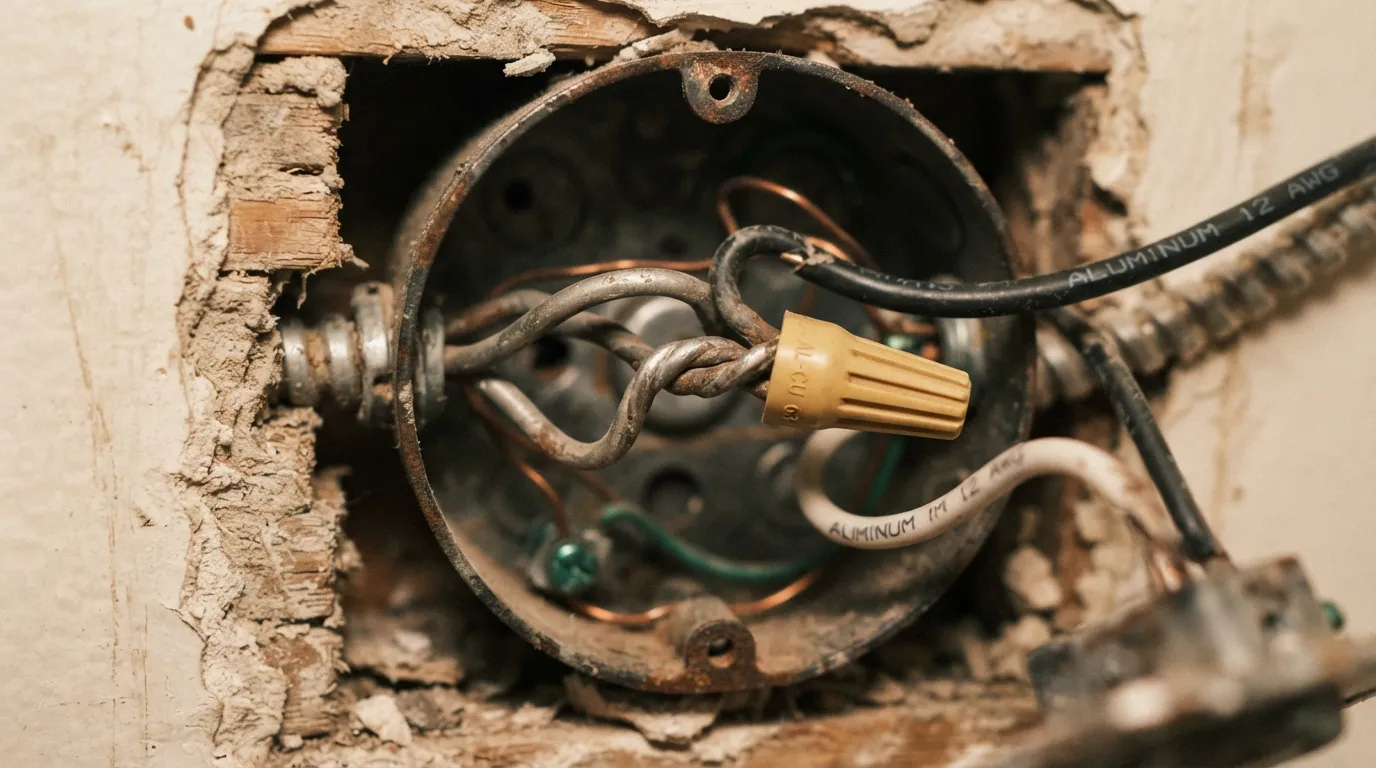 Aluminum branch circuit wiring in a junction box from a 1970s Alabama home, showing ALUMINUM 12 AWG wire markings