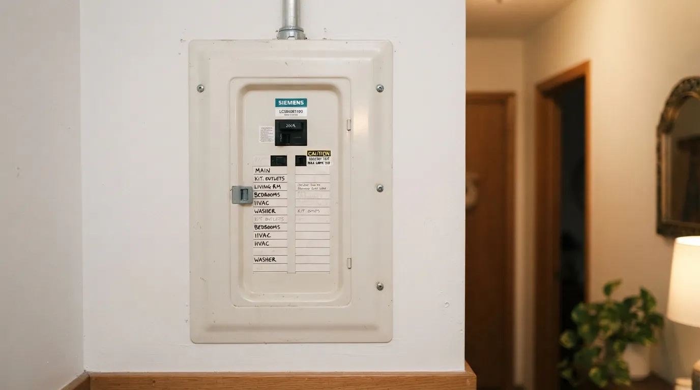 Residential circuit breaker panel in a North Alabama home showing labeled breakers