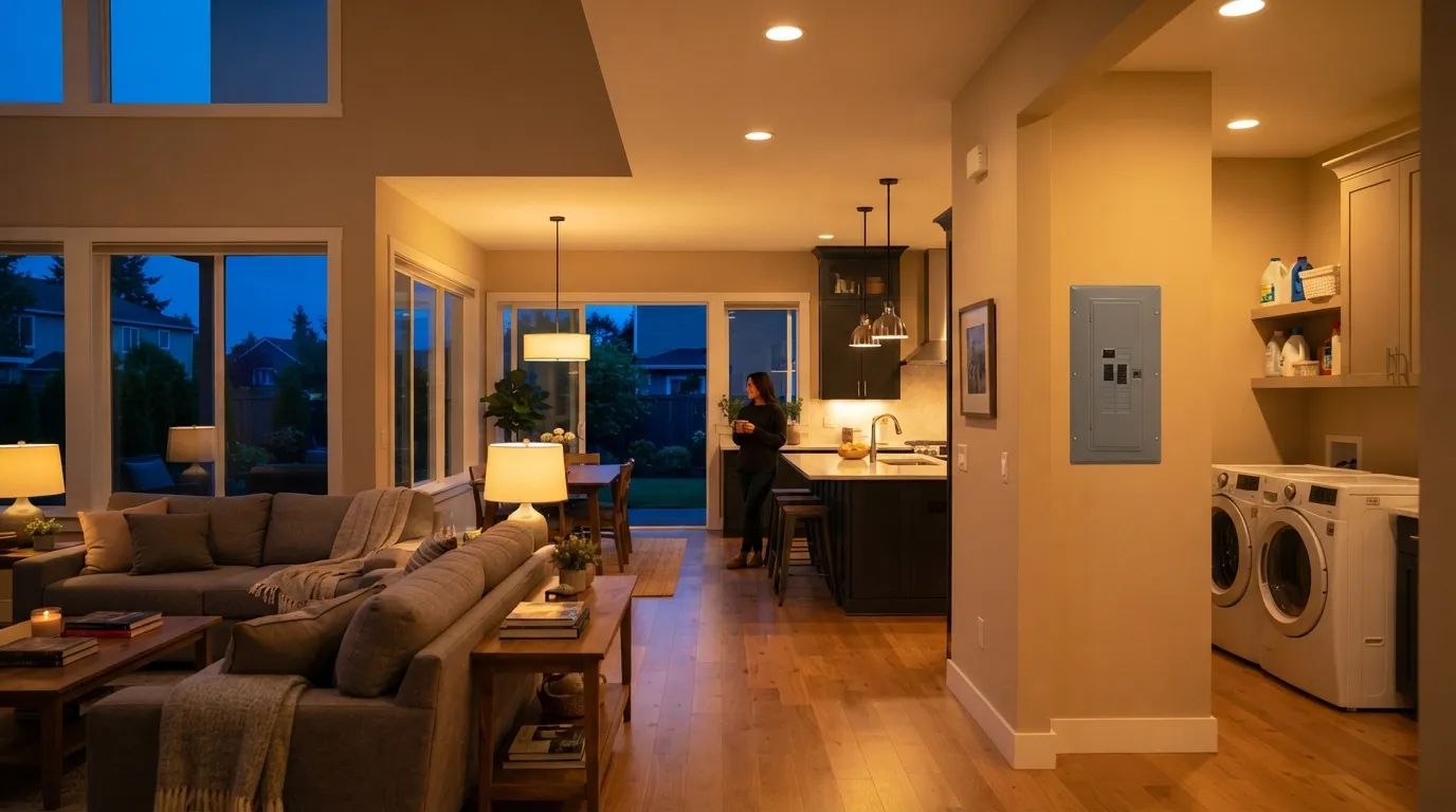 Modern North Alabama home interior at dusk with electrical panel visible